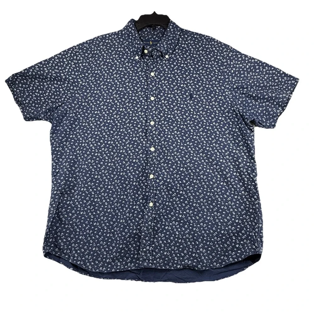 Ralph Lauren Mens XL Shirt Blue Calico Flower Print‎ Short Sleeve Button Down
